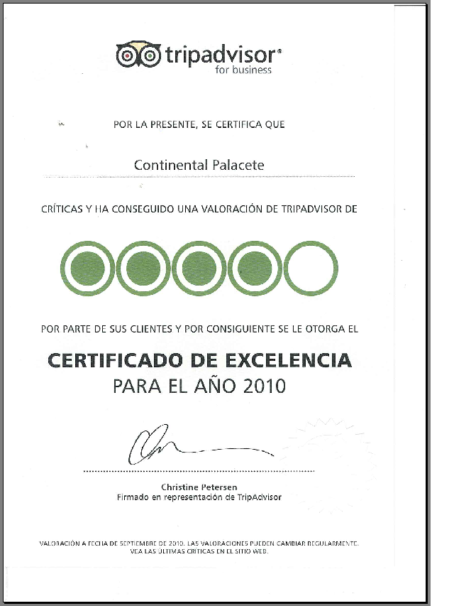 Tripadvisor certifies Hotel Continental Palacete as an Hotel of Exellency.
